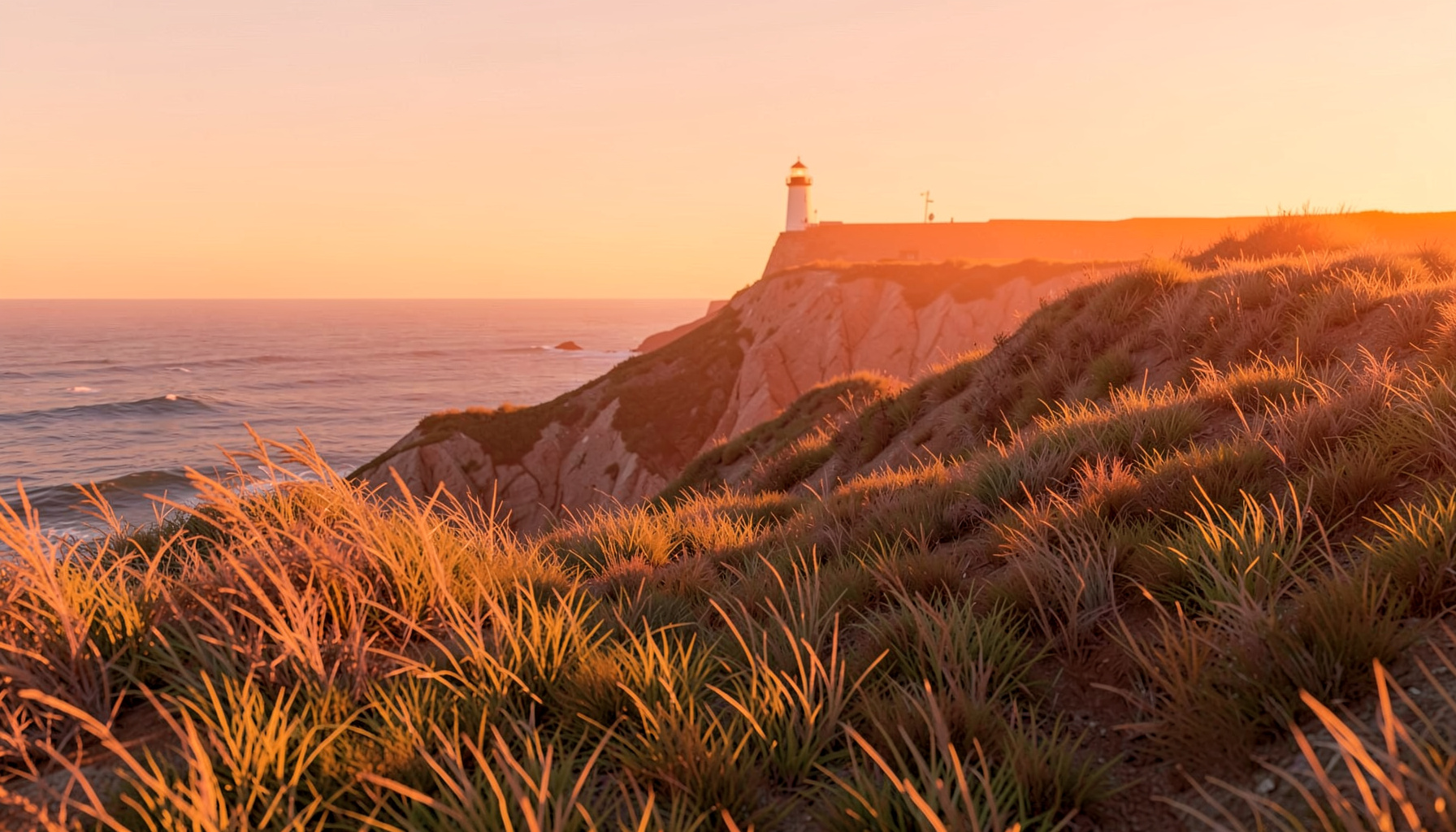 Windswept coastal bluffs at Point Reyes with wild grasses glowing gold in late afternoon light and a distant lighthouse